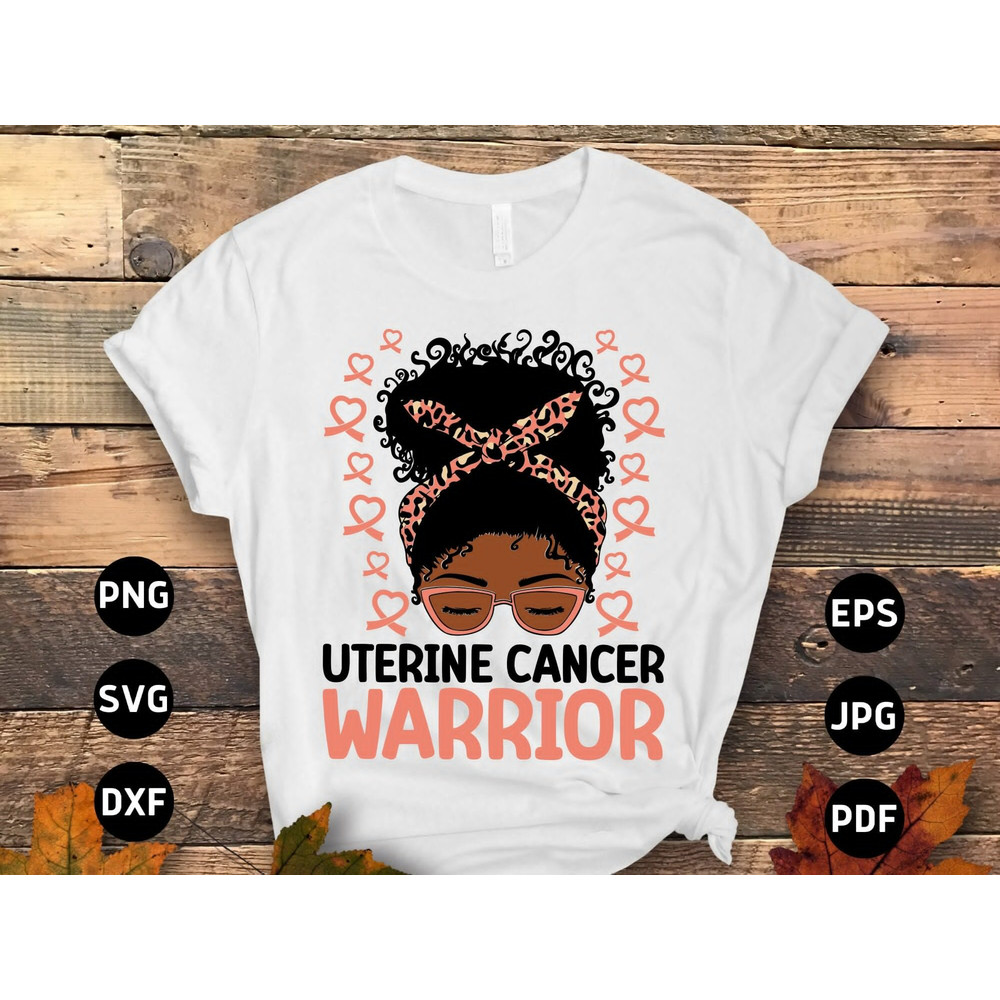 Uterine Cancer Awareness Svg Png, Uterine Cancer Warrior Afro Messy Bun Svg, Peach Ribbon Svg, Endometrial Cancer Svg Cricut Sublimation.jpg