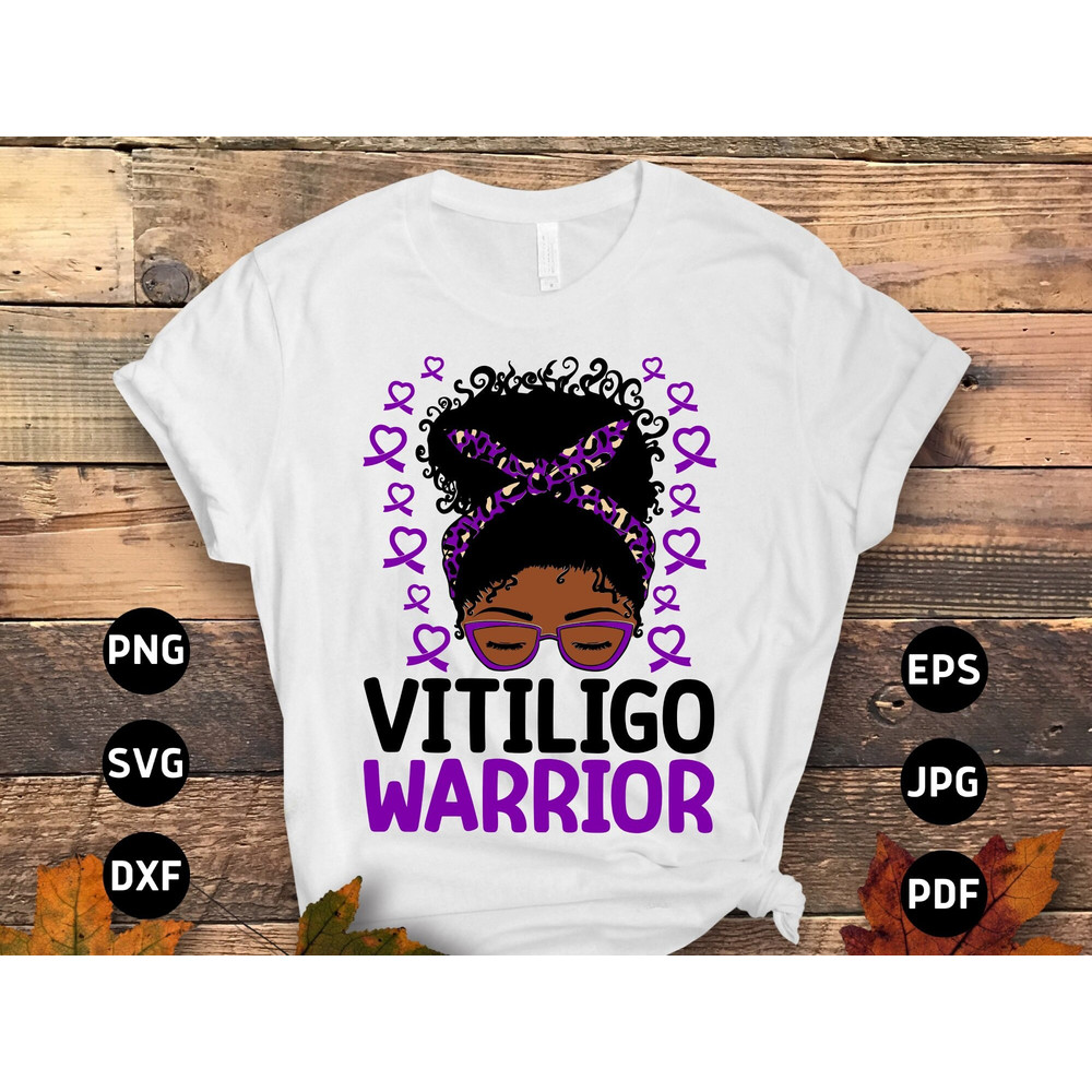 Vitiligo Awareness Svg Png, Vitiligo Warrior Afro Messy Bun Svg, Vitiligo Awareness Purple Ribbon Vitiligo Support Cricut Sublimation Design.jpg