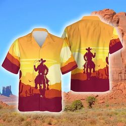 western cowboy at sunset hawaiian shirts for men women, rodeo button down shirt, cowboy hawaiian shirt, cowboy gifts