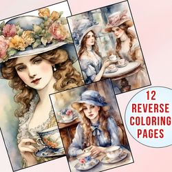 Vintage Charm! Victorian Tea Party Reverse Coloring Pages