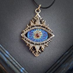 Third eye necklace, symbol, amulet, necklace with garnet, Wire wrapped necklace, Titanium jewelry, Esoteric necklace