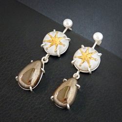 Star silver earrings, stud earrings, long earrings with porcelain, elegant earrings