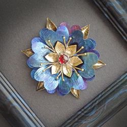 Large women's titanium brooch Flower with garnet, coat brooch, blue jewelry, flower brooch
