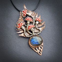 Pendant Amanitas, mushrooms jewelry, copper jewelry, labradorite pendant