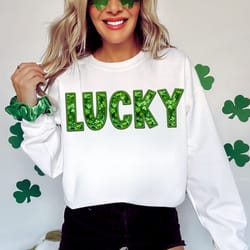lucky st patricks day faux glitter sequin png, lucky sublimation, st patricks day png, lucky disco faux embroidery sequi