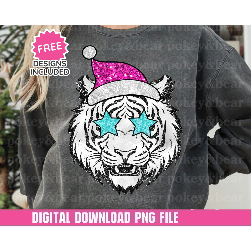 Faux Glitter Tiger Png Sublimation Design Pink Christmas Png File Cute Christmas Shirt Png Sparkly Holiday Sublimation Tiger In Santa Hat.jpg