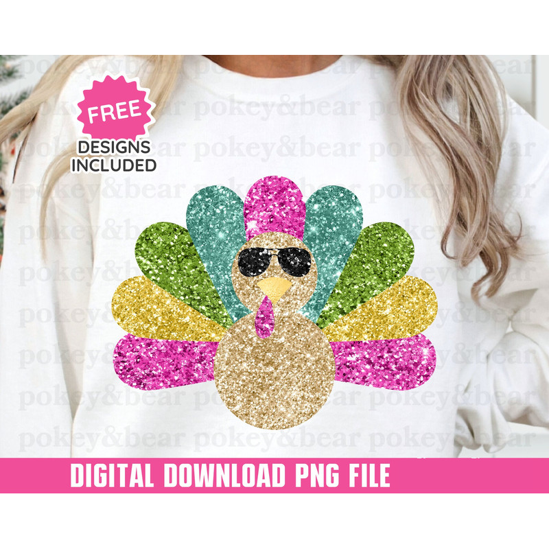 Faux Glitter Turkey Png Sublimation Design Glitter Thanksgiving Png File Sparkly Fall Sublimation Png Turkey Wearing Sunglasses Download.jpg
