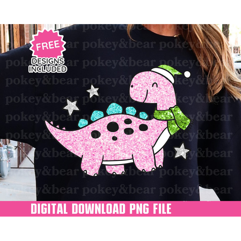 Glitter Pink Christmas Dinosaur Png Sublimation Design Glitter Holiday Png File Sparkly Sublimation Png Digital Download.jpg