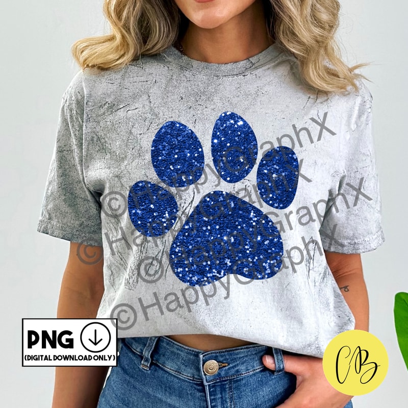 Blue Faux Glitter Paw Print Png School Spirit Shirt Design Preppy Jpg Tshirt Design Sublimation Direct to Garment Digital Download.jpg