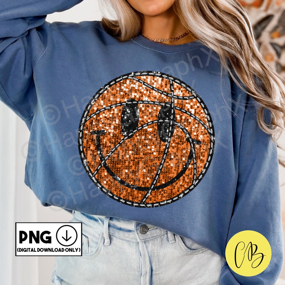 Basketball Smiley Face Png Sparkly Mom Faux Sequin T-Shirt Glitter Tshirt Design School Spirit Sublimation DTF Digital Download.jpg