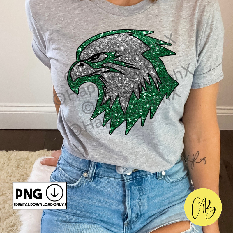 Eagles Green Mascot Sparkly Png, Preppy Glitter Tshirt Design, Game Day, Sublimation Design, Direct to Garment, DTF, Digital Download ONLY.jpg
