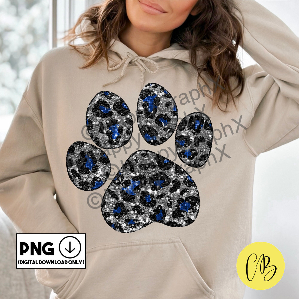 Glitter Leopard Paw Print Png Sparkly Silver Blue Glitter School Spirit TShirt Design Sublimation DTF Direct to Garment Digital Download.jpg