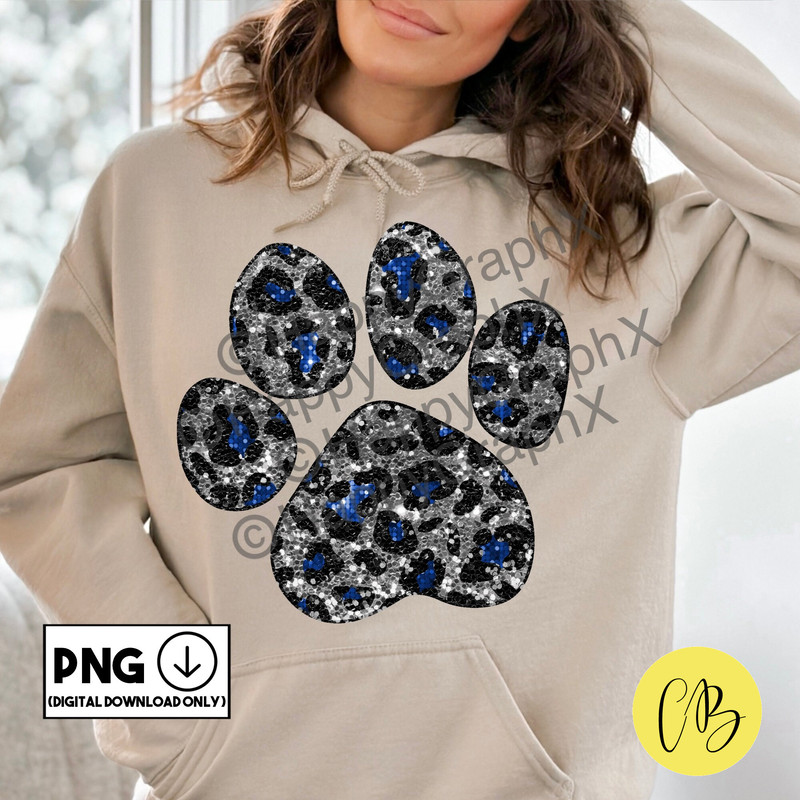 Glitter Leopard Paw Print Png Sparkly Silver Blue Glitter School Spirit TShirt Design Sublimation DTF Direct to Garment Digital Download.jpg