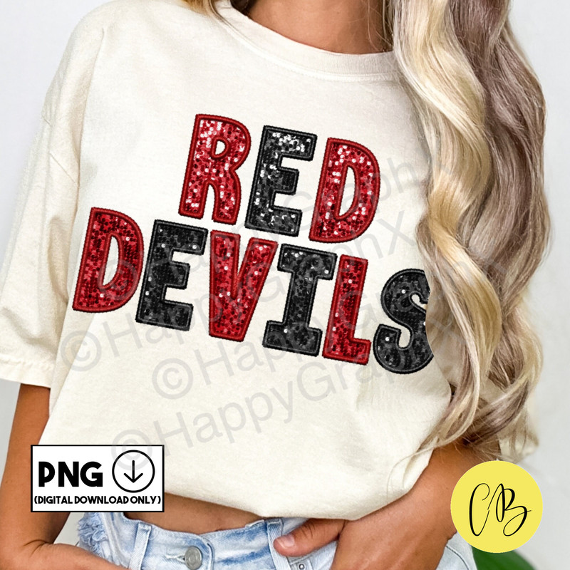 Red Devils Faux Sequin Png, Faux Embroidery Patch, Sparkly Design, School Spirit, Sublimation Design, DTG, DTF, Download ONLY.jpg
