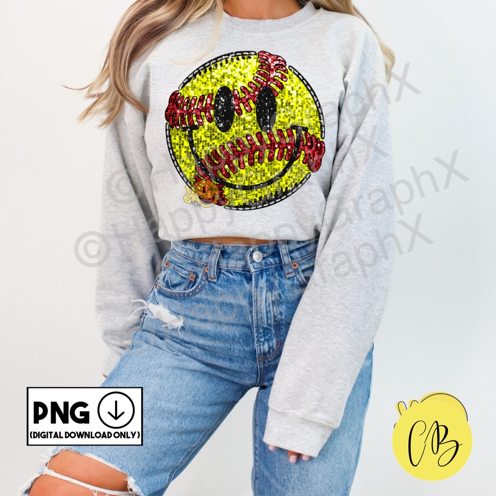 Sparkly Softball Smiley Face Png Mom Faux Sequin T-Shirt Glitter Tshirt Design School Spirit Sublimation DTF Digital Download.jpg