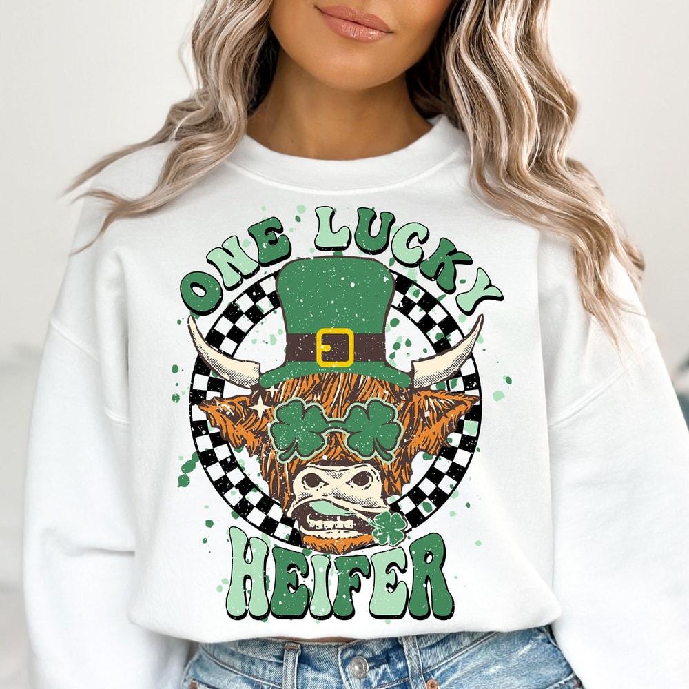 One Lucky Heifer PNG, Highland Cow Png, Retro St Patricks, St Patrick's Day Png, Shamrock Png, Png Sublimation Design, Digital Download.jpg