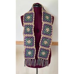 granny square scarf for best friend, beautiful handmade crochet scarf gift for her, crocheted scarf with fringe,unique w