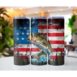 Tumbler Flag Bass Fishing Stainless Steel Double Walled   20oz 30oz Skinny Tumbler holiday her him dad, fisherman fishin