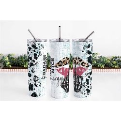 badass bitch energy 20oz skinny tumbler, leopard print, skull hands, sublimation tumbler, lid & straw