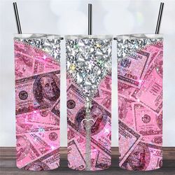 boujee pink glitter money diamond zipper tumbler,glam diva travel coffee mug,fashionista gift,gift for her,skinny tumble
