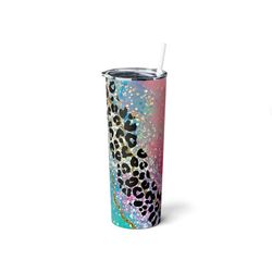 Rainbow Leopard Opalescent Holographic Tumbler,Neon Milkyway Glitter Cup,Travel Mug,Skinny Steel Tumbler with Straw, 20o