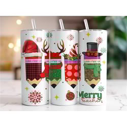 merry teacher tumbler, christmas 20oz skinny tumbler with straw, christmas gift for teacher, teacher appreciation tumble