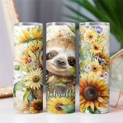 personalized baby sloth tumbler, 20oz skinny tumbler, tumbler with lid and straw, sloth lover gift, sunflower insulated