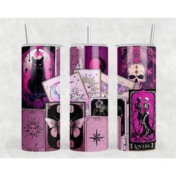 personalised pink tarot card tumbler, zodiac drinkware, metal plastic straw witchy tumbler, ghoul drinkware, unique gif