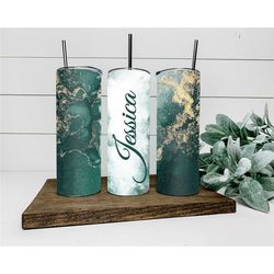personalised green marble tumbler drinkware / plastic straw marble tumbler / gold drinkware / unique gift