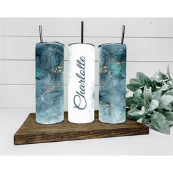 personalised blue marble tumbler drinkware / plastic straw marble tumbler / gold drinkware / unique gift