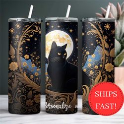personalized black cat tumbler with moon, cat mom gift for halloween, halloween cat tumbler, black cat gift, goblincore
