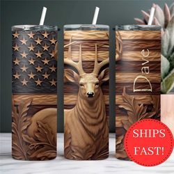 custom deer hunter tumbler for men gift for dad, 3d wood look deer to go cup, insulated deer hunting cup, wood look tumb