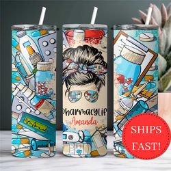 personalized pharmacy life tumbler messy bun gift for pharmacist tumbler, pharmacist appreciation gift, pharmacy graduat