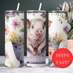 personalized floral pig tumbler with name, cute pig gift for her, pig lover gift cup, pig tumbler with straw, pig to go