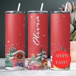 personalized red truck christmas tumbler with name, custom winter tumbler, most wonderful time of the year, hot cocoa ch
