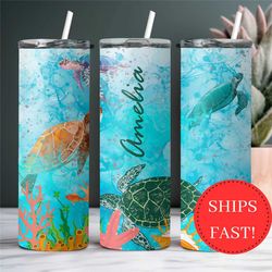 personalized sea turtle tumbler with name, beautiful sea turtle gift for her, sea turtle lover gift, sea turtle to go cu