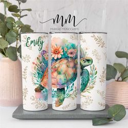sea turtle floral tumbler personalized, sea turtle gifts, turtle gift for women, turtle tumbler cup with straw, sea turt