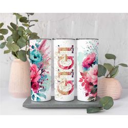Gigi Pink and Aqua Floral Tumbler for Mother's Day Gift, Gigi Travel Cup for Grandma Gifts, 20 oz Tall Skinny Tumbler wi