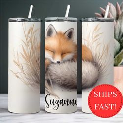 custom fox tumbler with name, cute fox gift for her, fox lover gift cup, fox tumbler with straw, fox to go cup, personal