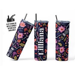custom skeleton tumbler for women, halloween tumblers, cute skeleton mug, dancing skeleton with flowers, day of the dead