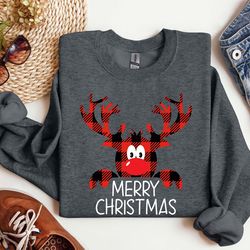 buffalo plaid deer sweatshirt, buffalo plaid reindeer hoodie, cute long sleeve shirts, merry christm