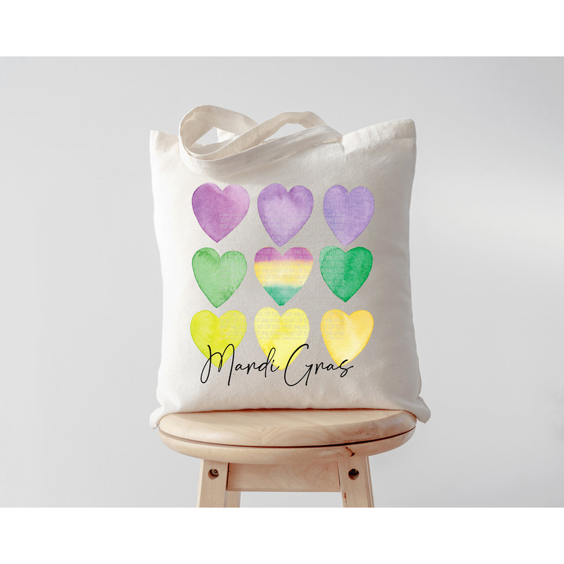 Mardi gras watercolor hearts bead bag, Mardi Gras tote, parade bead bag, Mardi Gras bead bag.jpg