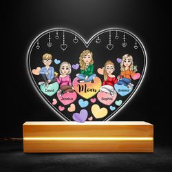 mom and children hearts in heart personalized led night light, personalized gift, gift for lover