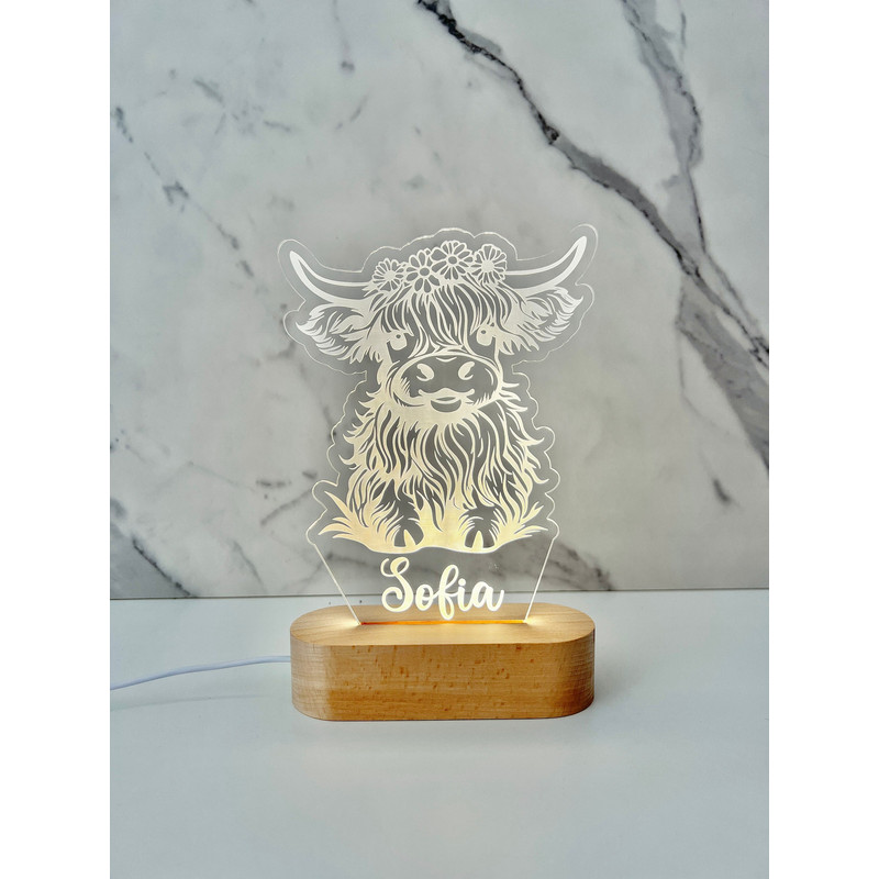 Highland Cow Custom Name Light Personalized Bedroom LED Cloud Decor Sign Light up Sign Wildflower crown Cow Lamp Girl Gift.jpg