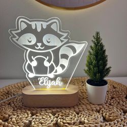 raccoon cartoon custom name light, personalized bedroom led cloud decor, baby shower gift
