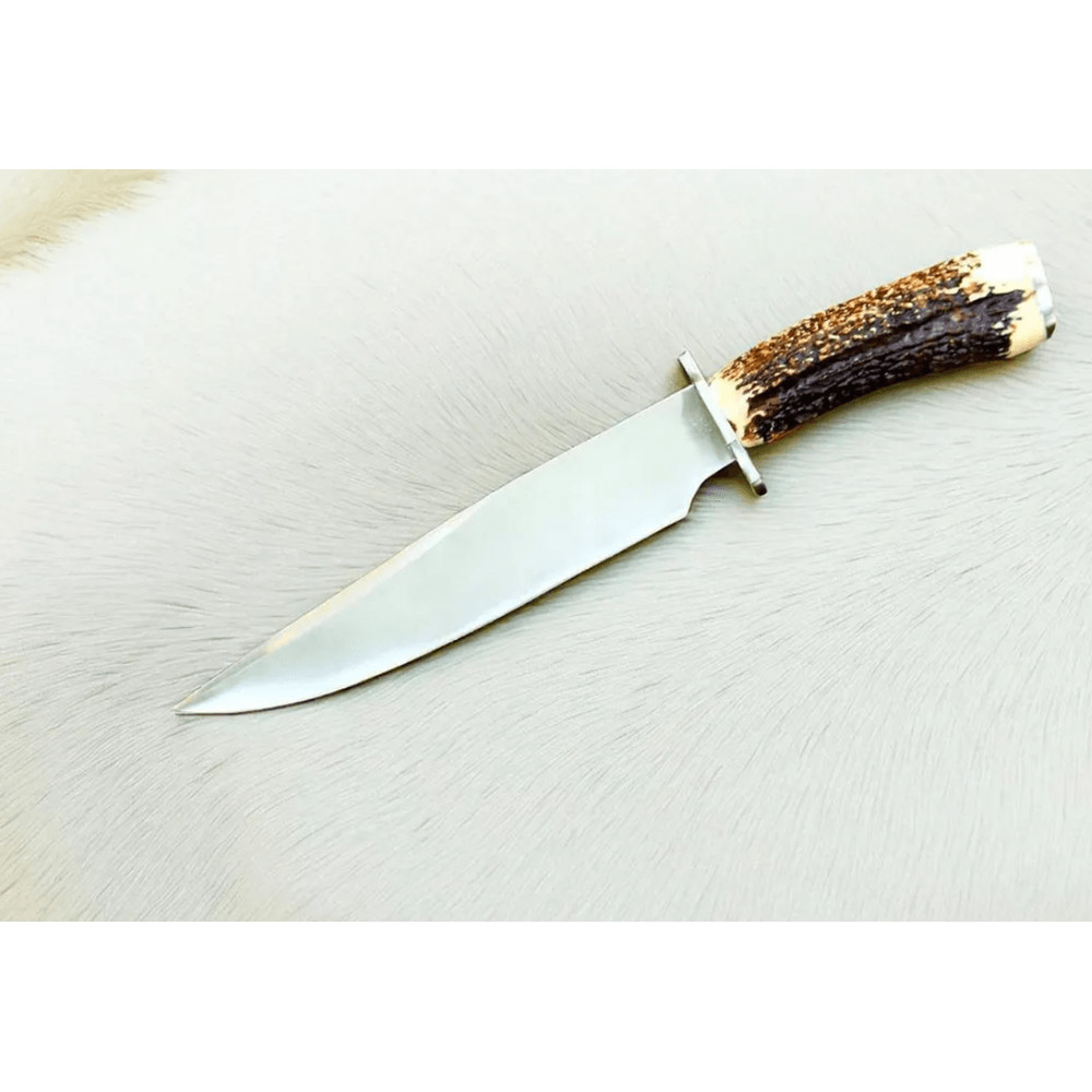 16 Inch D2 Steel Bowie Knife Stag Horn Handle Brass Guard Leather Sheath 4
