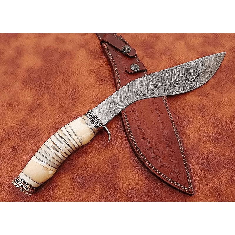 Style Damascus Steel Bowie Knife | 15" Kukri Design Blade + Camel Bone Handle | Leather Sheath Hunting Knife