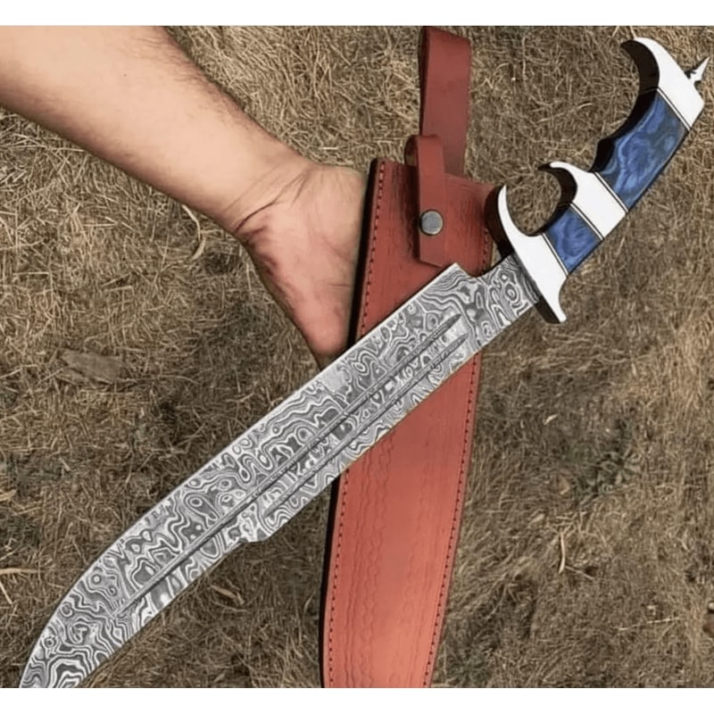 Steel Outdoor Knife HandForged 400Layer Blade With Blue Pakka Wood Handle Leather Sheath Full Ta 0