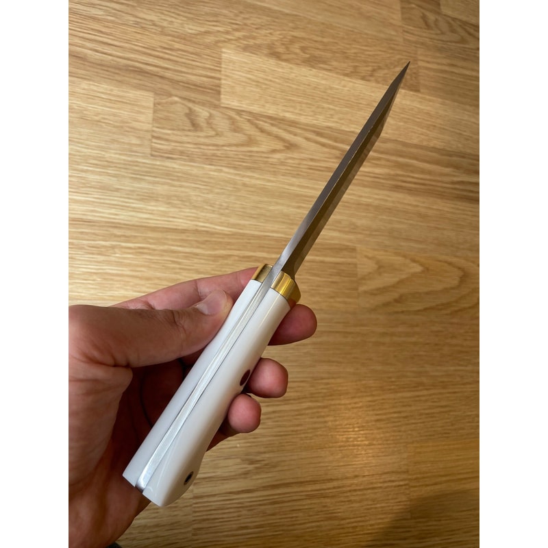 Survival Hunting Knife With White Corian Handle Leather Sheath 2