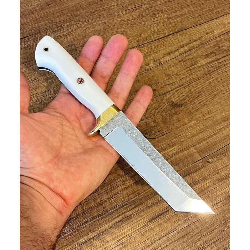 Survival Hunting Knife With White Corian Handle Leather Sheath 9